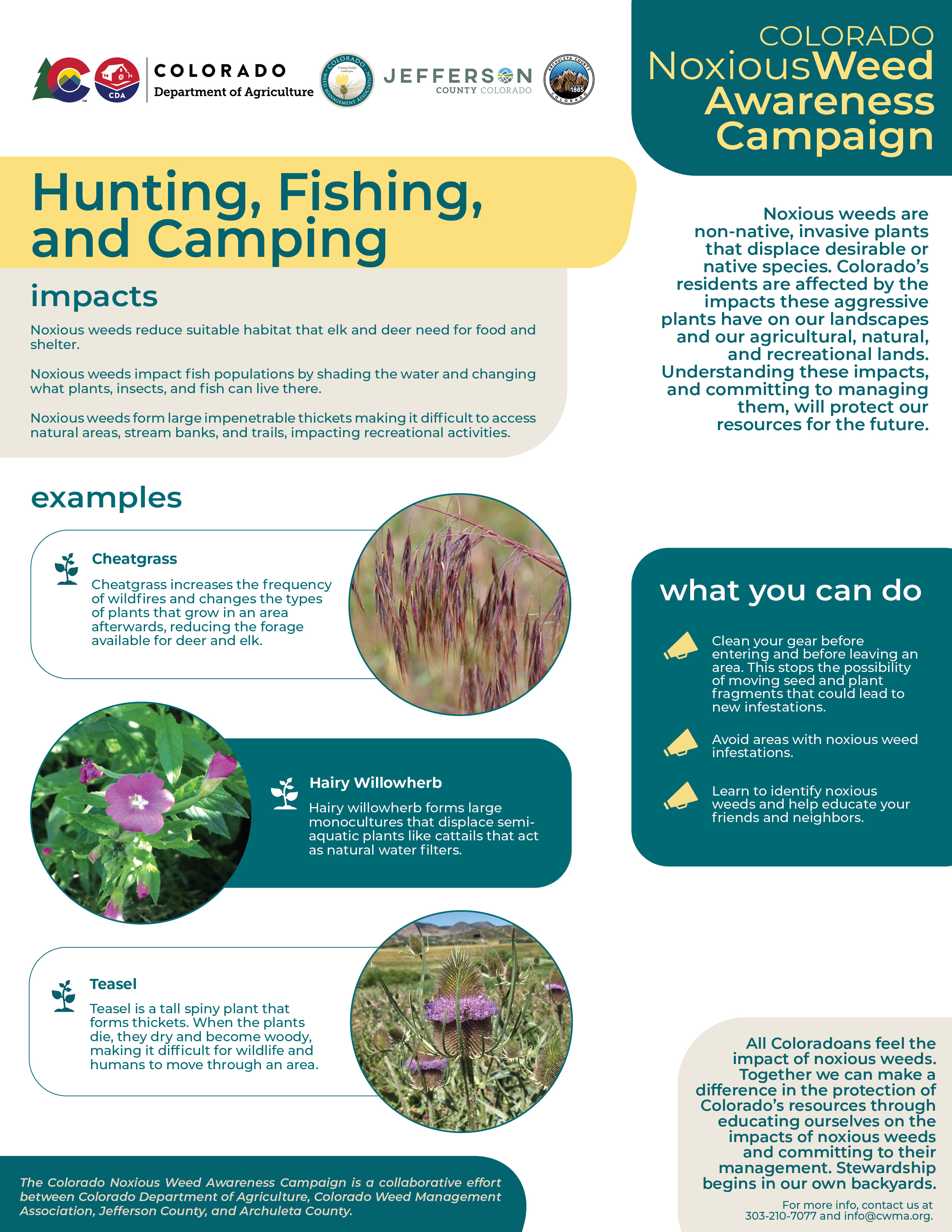 Graphic with information the impact of noxious weeds on hunting, fishing, and camping.