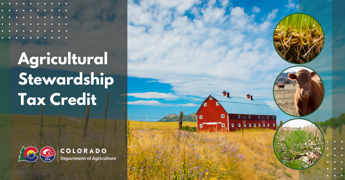 A red barn in a field with text "Agricultural Stewardship Tax Credit" and images of seedlings, a cow, and cover crops.