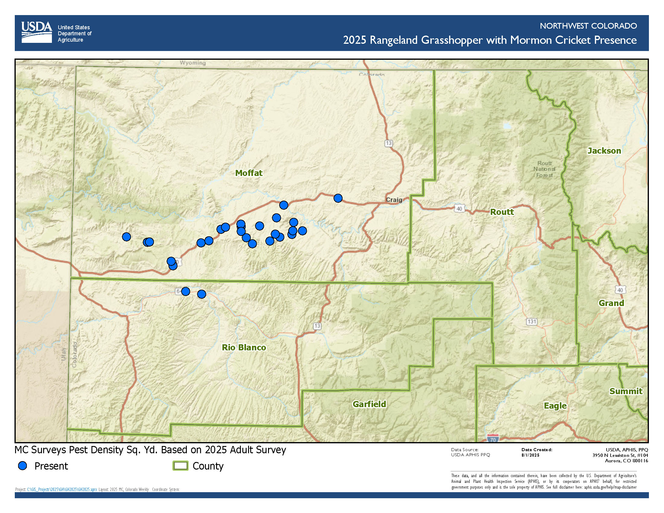 Map of Mormon cricket presence in northwest Colorado