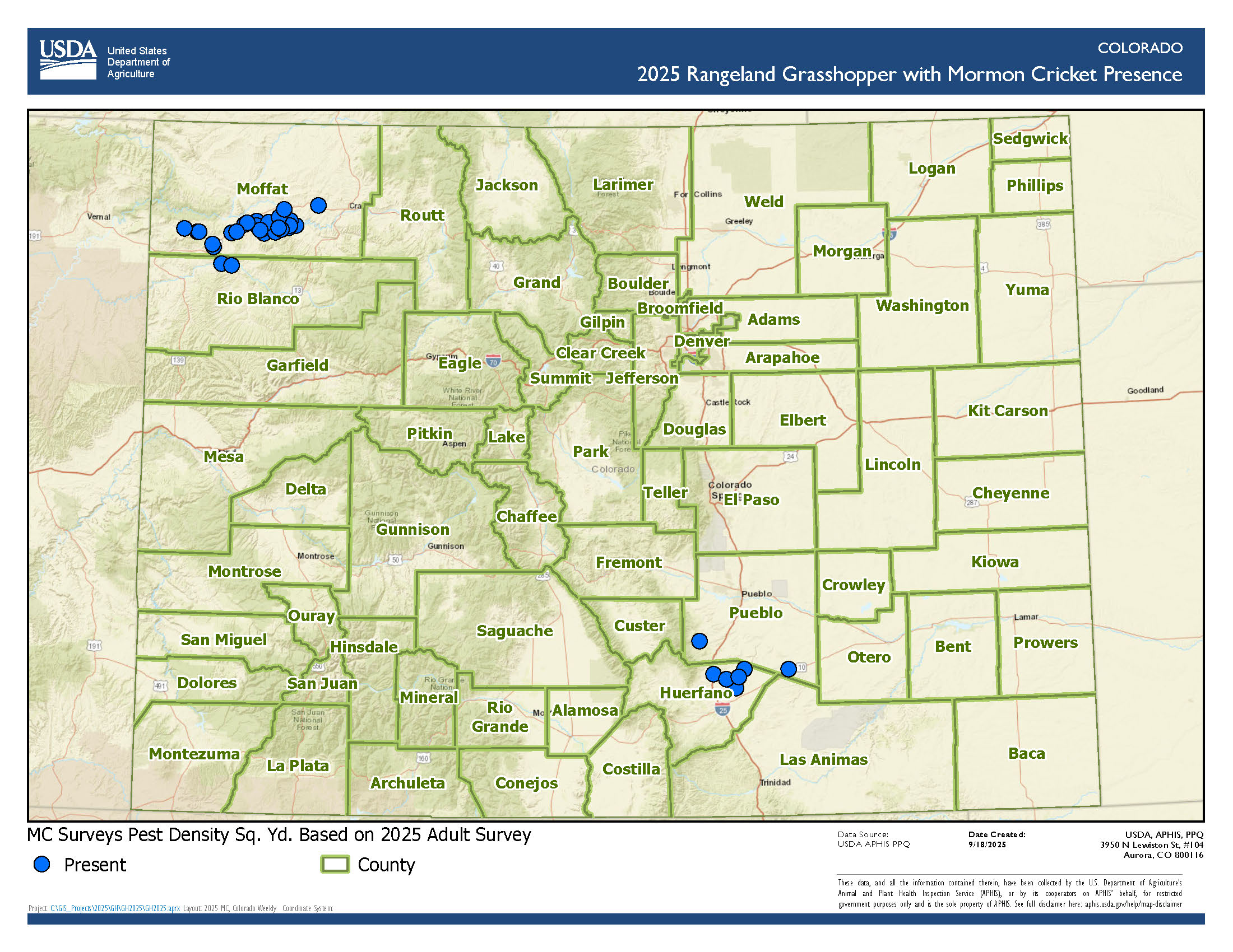 Map of Mormon cricket presence in northwest Colorado