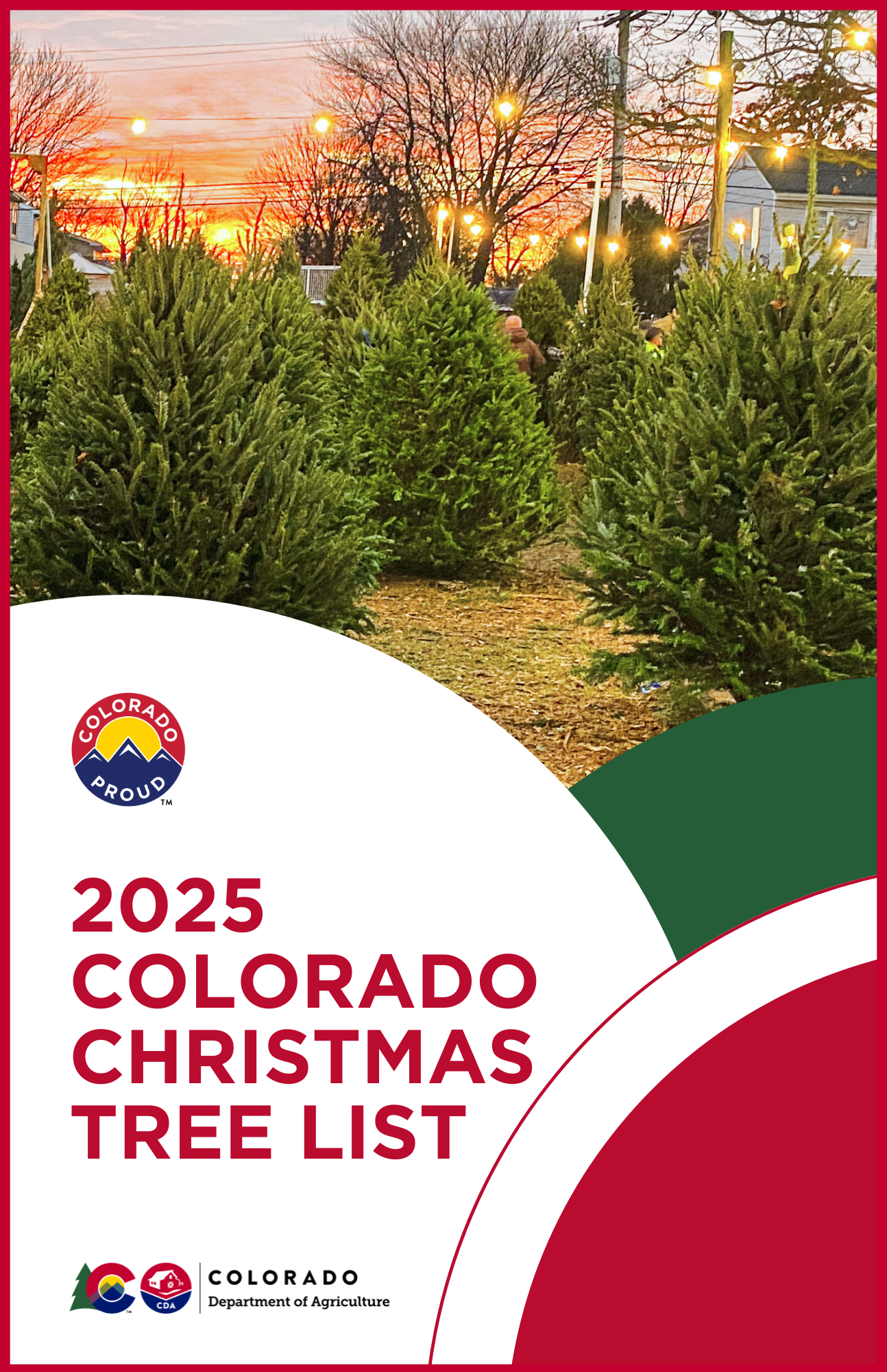 A Christmas tree sale lot on the cover of the Colorado Christmas Tree list