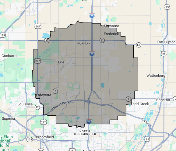 Weld 22 quarantine map showing an area north of Denver between Westminster and Fredrick