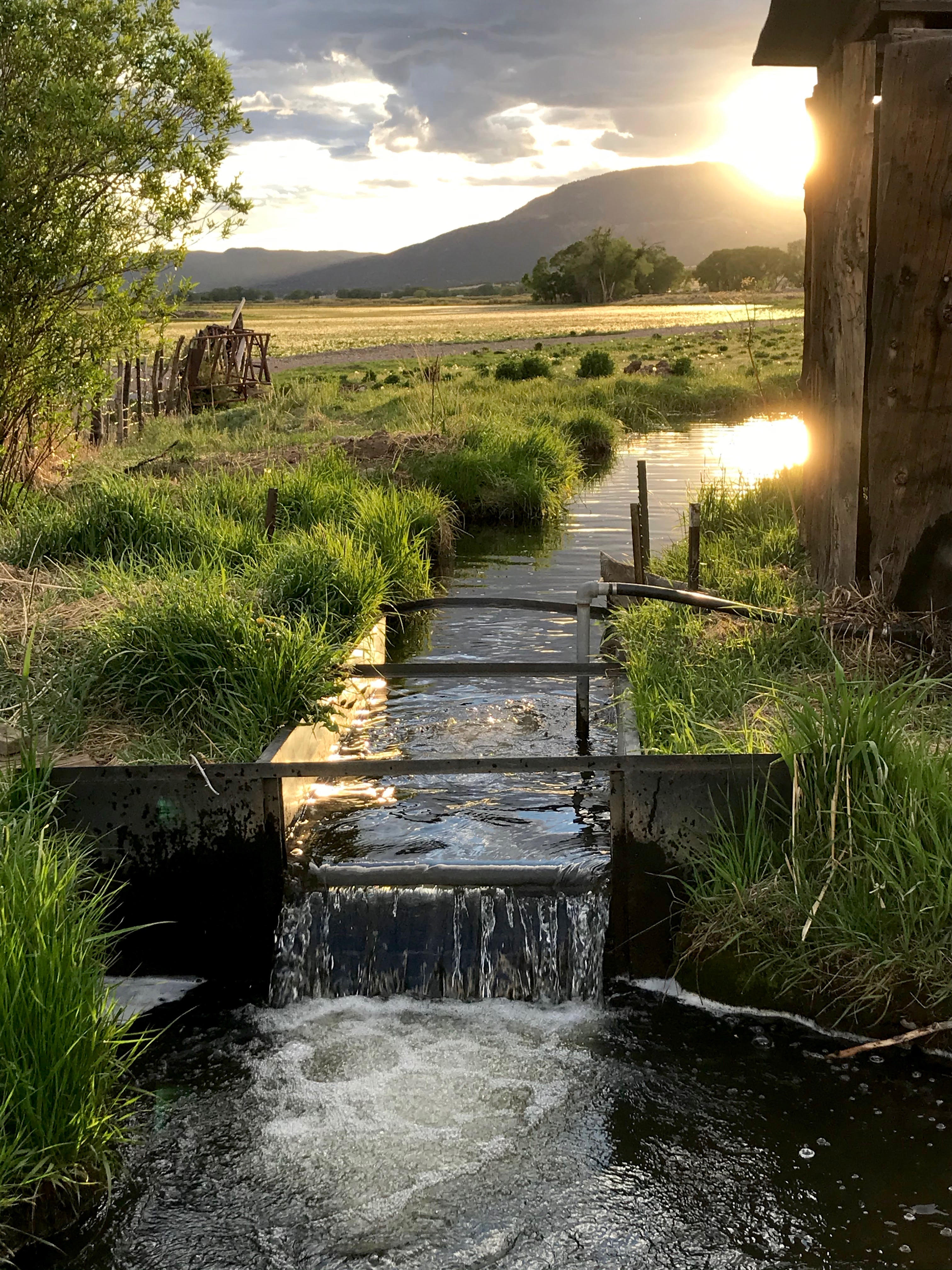 An irrigation canal lined with green grass with the setting sun behind a mountain. Photo by Rio de la Vista