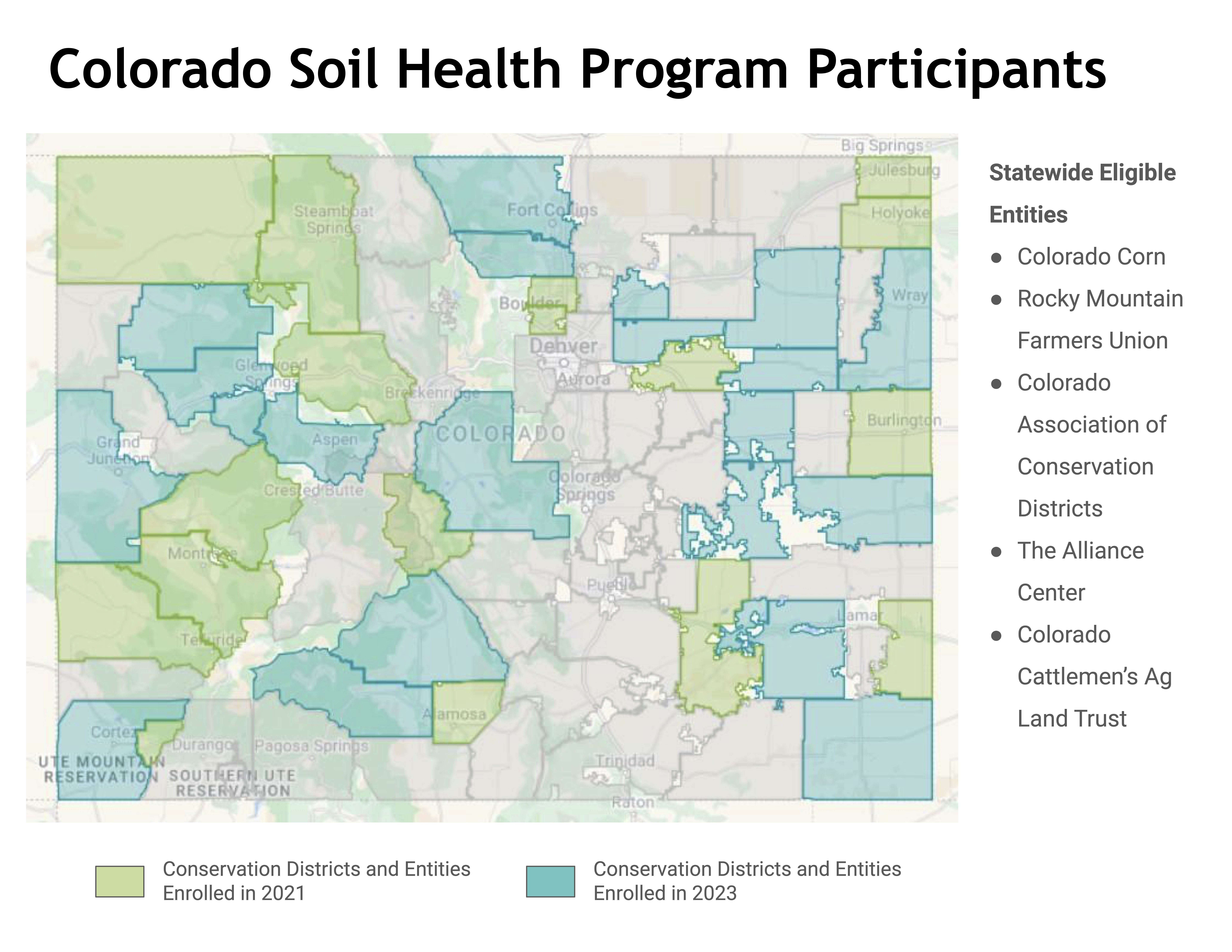 Color coded map of program participants in the State of Colorado.