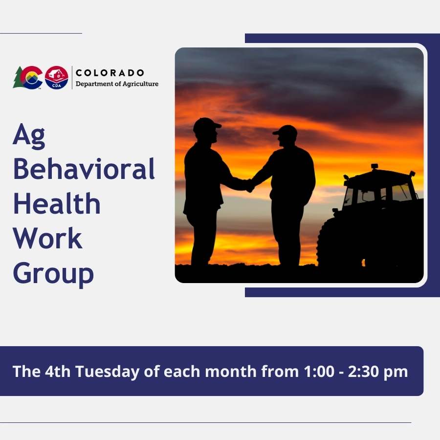 Silhouette of a tracker and two farmers shaking hands at sunset. Text reads, “Ag Behavioral Health Work Group,” and “The 4th Tuesday of each month from 1:00 - 2:30 pm.