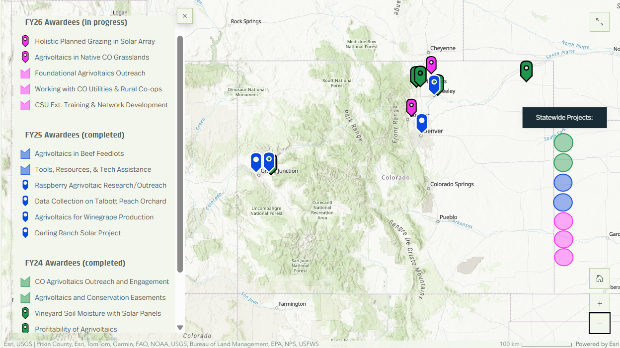 Map of Colorado that shows the locations of Agrivoltaics Research and Demonstration grants with a list of the grants to the left.