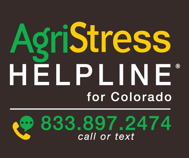 AgriStress Helpline for Colorado logo with the phone number for call or text 833.897.2474