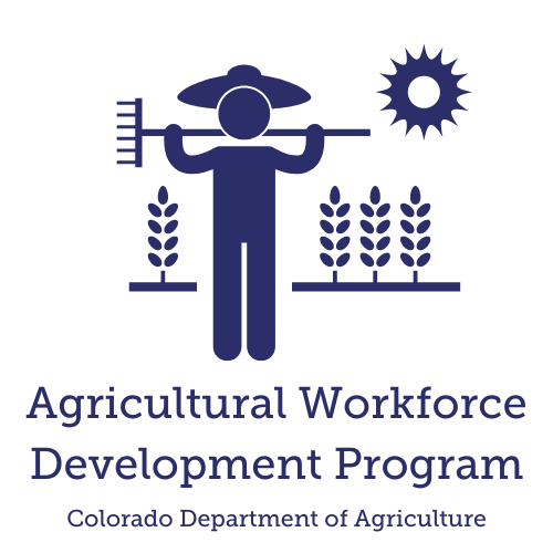 Icon of a farmer in a sunny field with a rake resting on his shoulders, Agricultural Workforce Development Program, Colorado Department of Agriculture