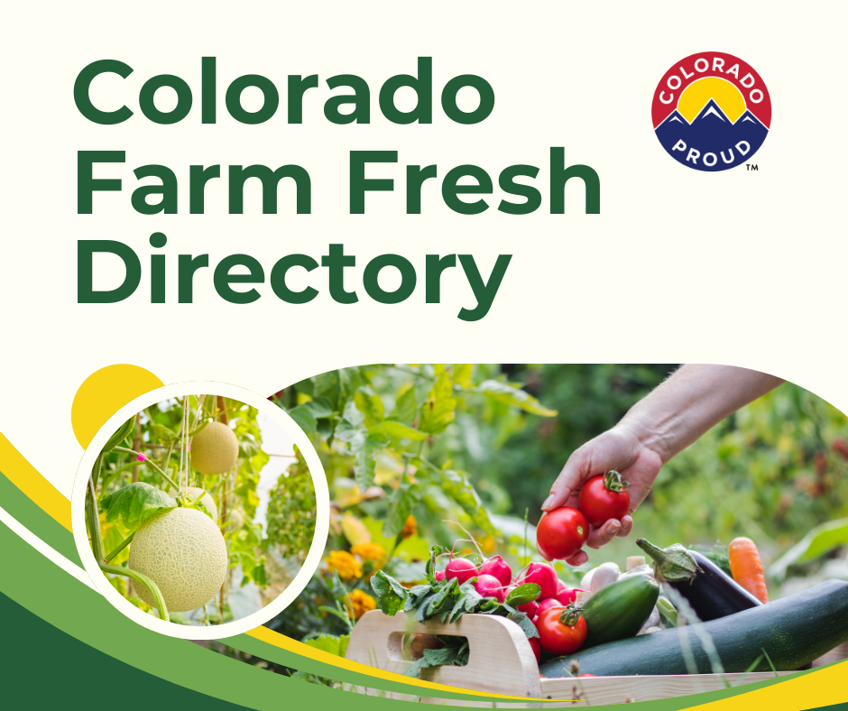 Closeup of cantaloupes growing on the vine and a hand picking fresh tomatoes and other vegetables with the words Colorado Farm Fresh Directory 