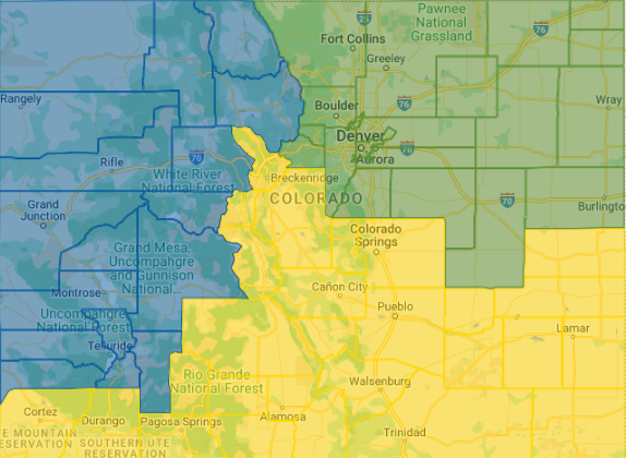 Map of Colorado with visible county lines and three areas highlighted in different colors