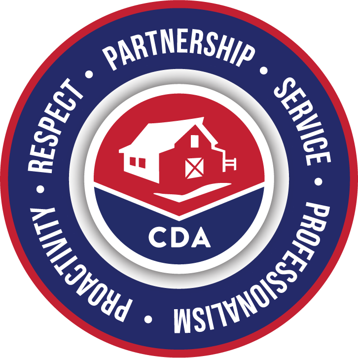 CDA logo with core values of Partnership, Service, Professionalism, Proactivity, and Respect