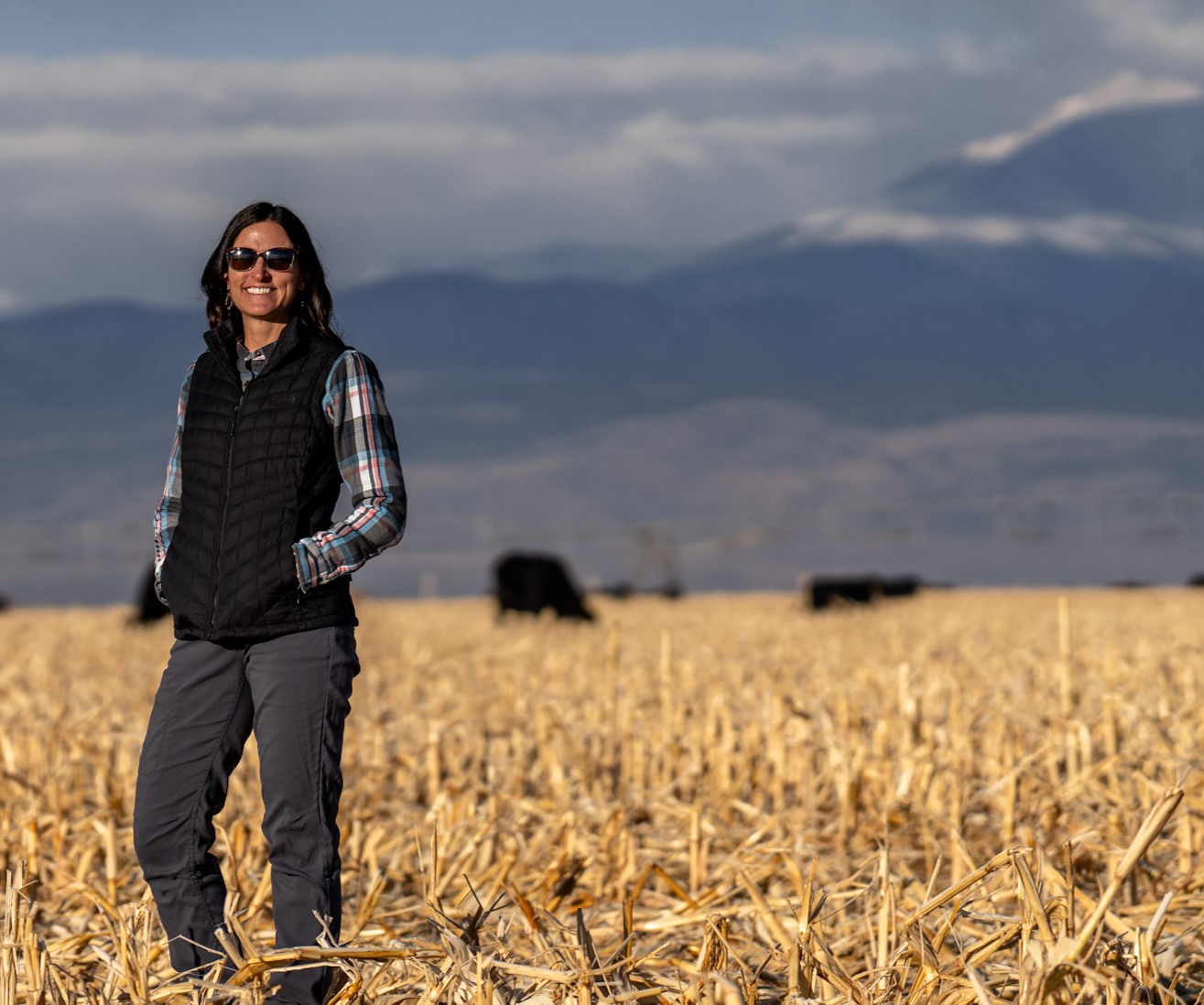 Vanessa is standing in a field with cows and mountains in the background