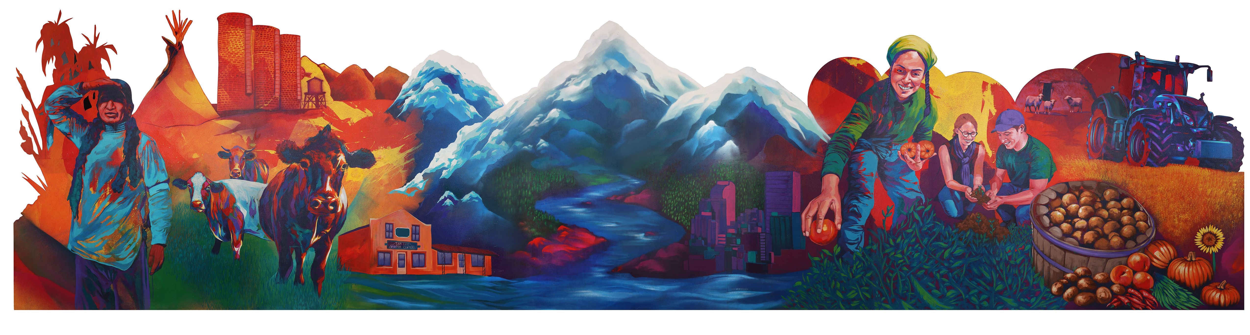 A sprawling mural celebrating Colorado agriculture's connection to water, people, animals, land, and traditions