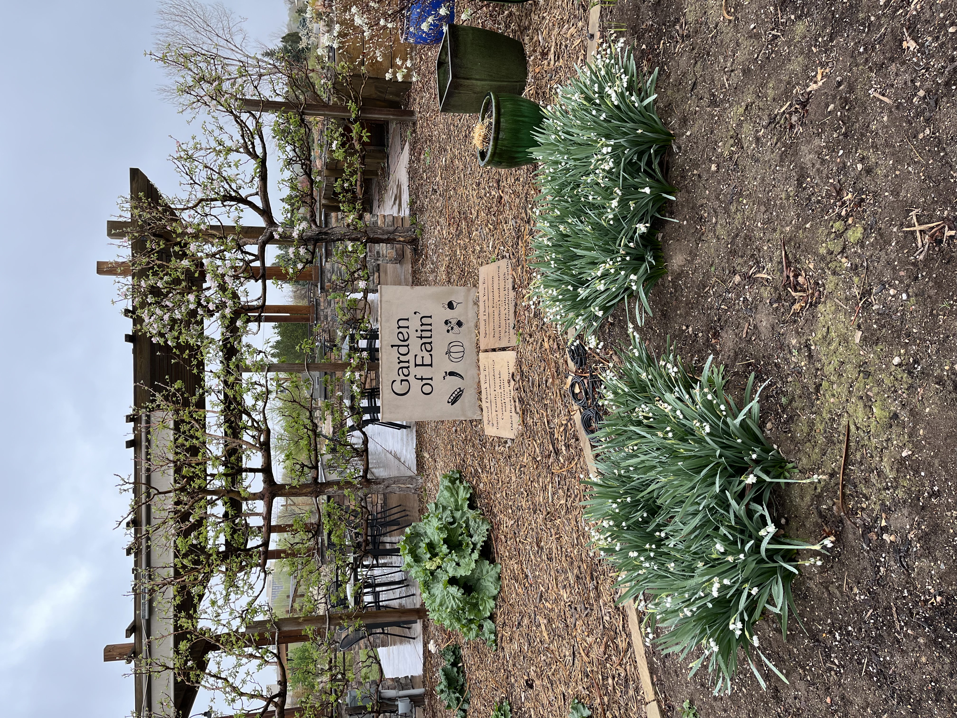 Garden of Eatin' sign sits in front of blooming frut trees