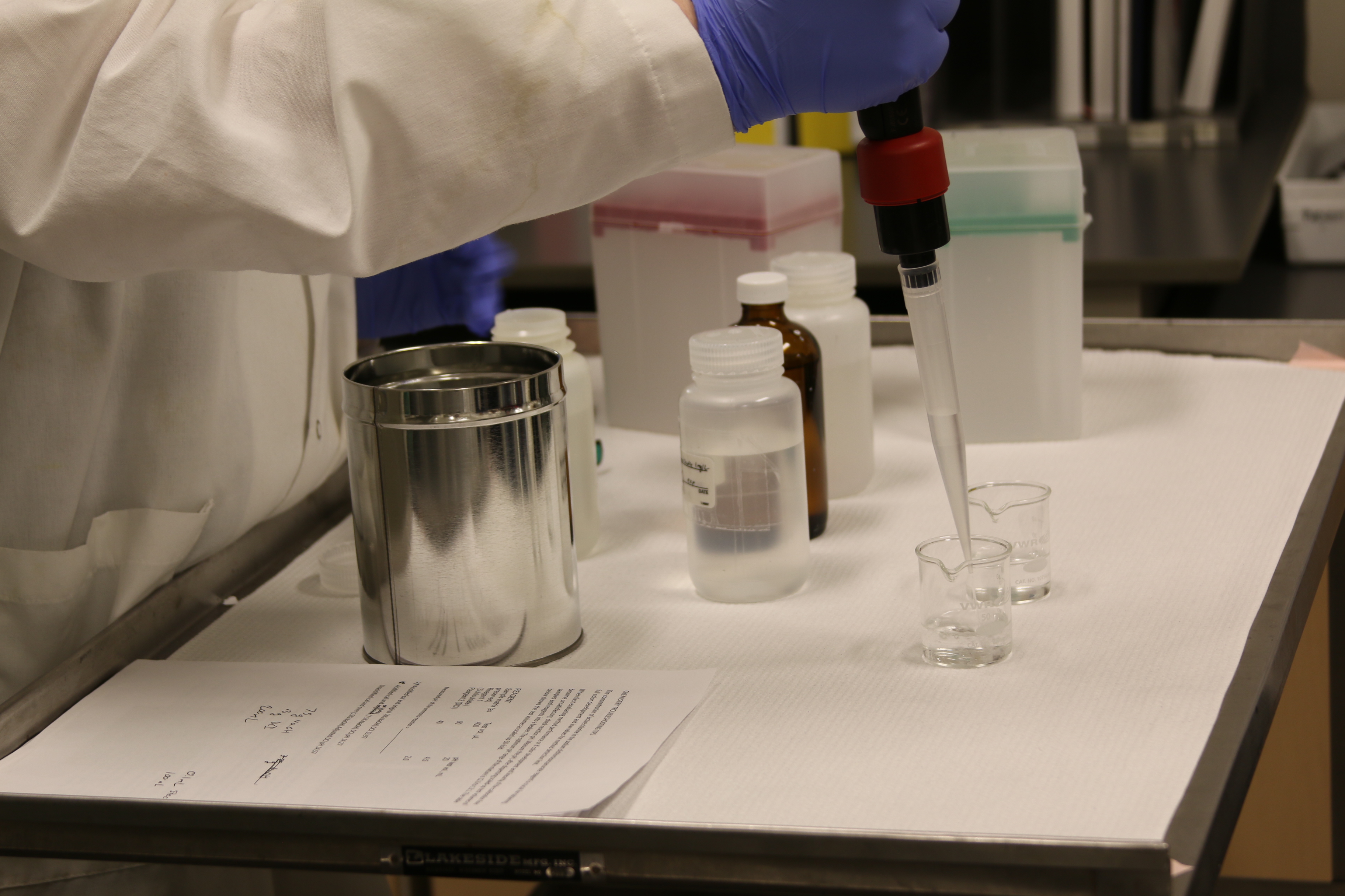 Person in blue gloves and white lab coat uses a large pipette to transfer clear liquid into two small beakers