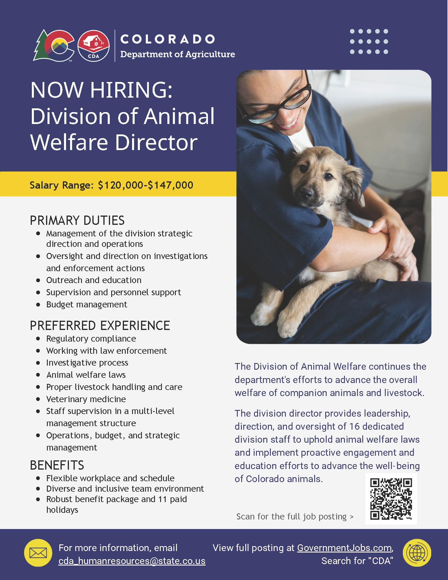 A woman holding a puppy on a flyer describing the primary duties, preferred experience and benefits of the DAW Director position