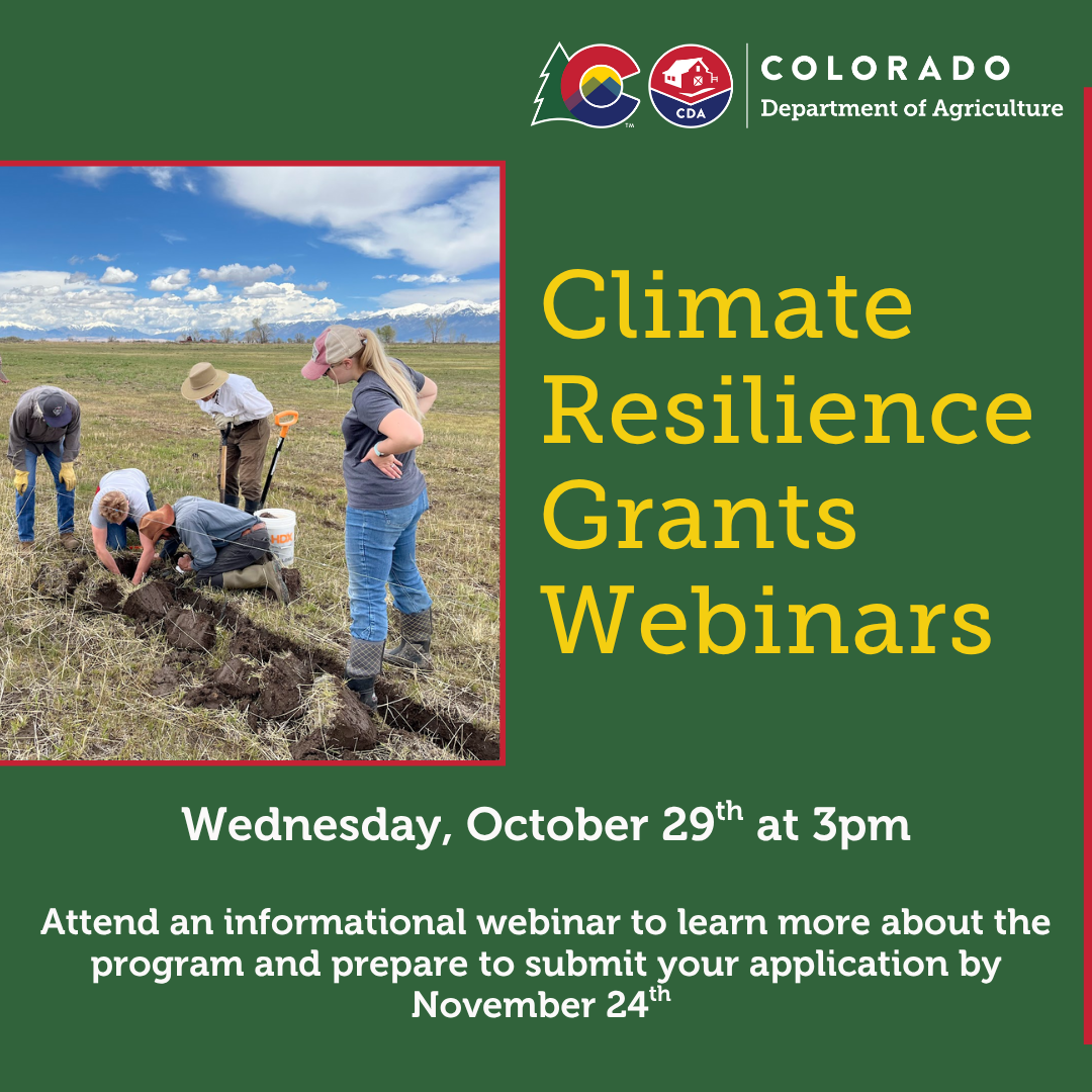 Climate Resilience Grants Webinar flyer with a photo of a group of people standing in a field observing the installation of a soil moisture monitor