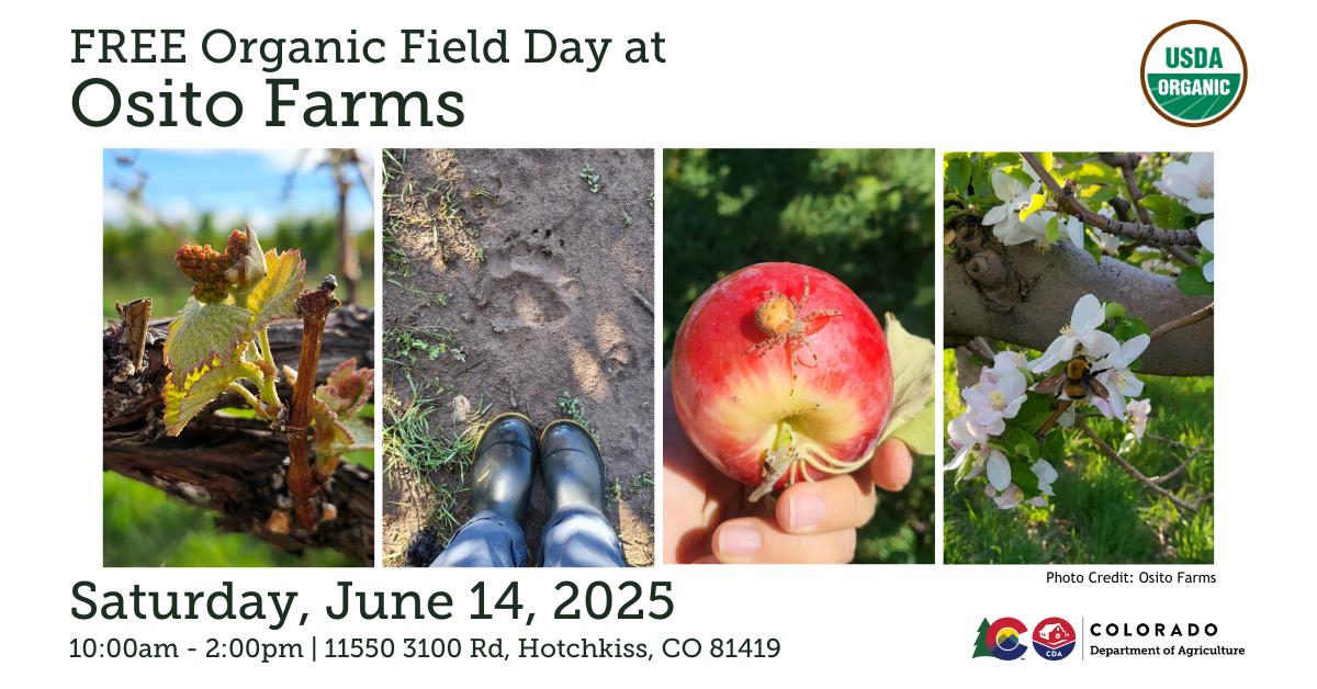 Clickable graphic showing information about a free organic picnic at Osito Farms in Hotchkiss on June 14