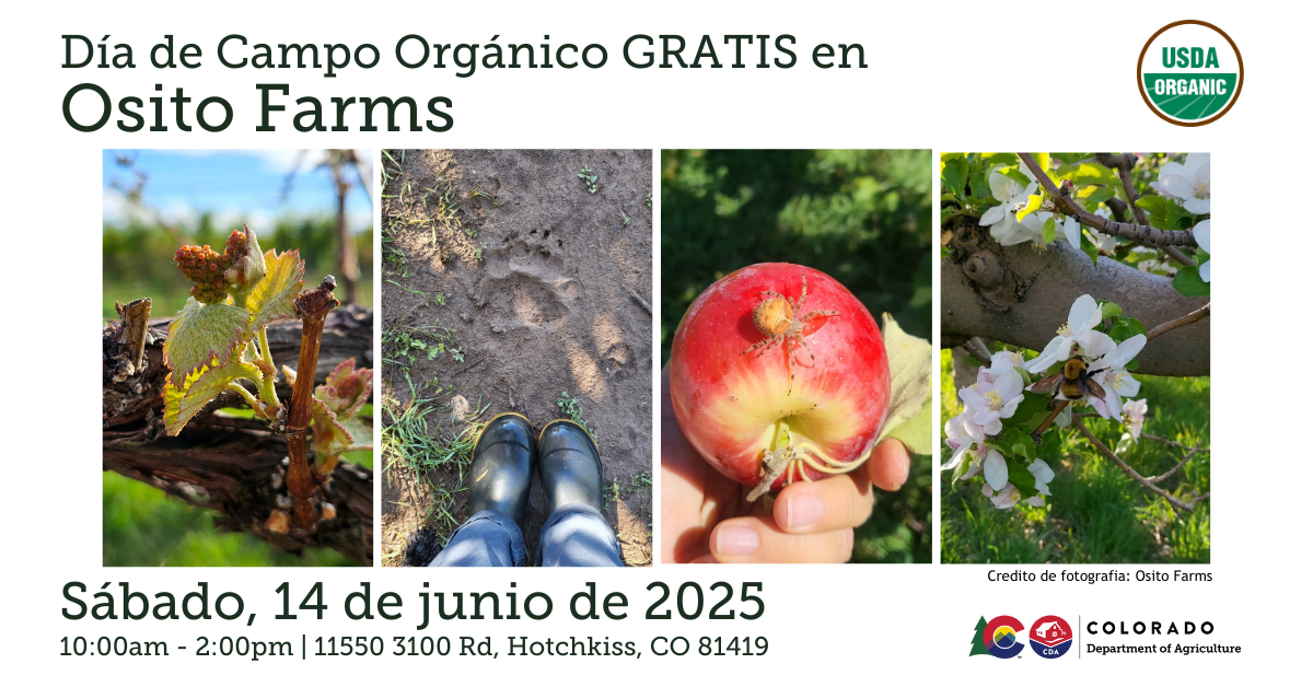 Gráfico interactivo que muestra información sobre un picnic orgánico gratuito en Osito Farms en Hotchkiss el 14 de junio