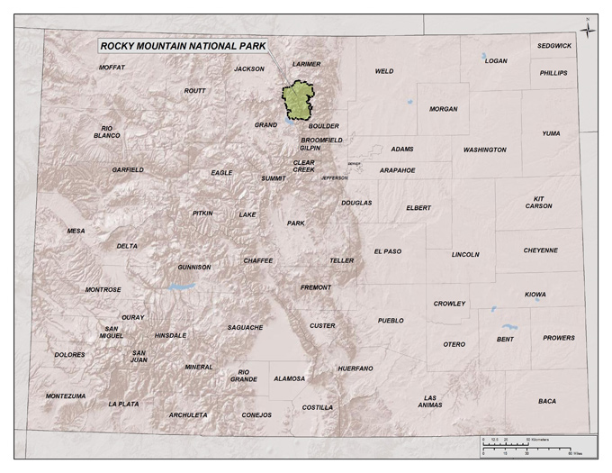 Map of Colorado highlighting the parameters of the Rocky Mountain National Park