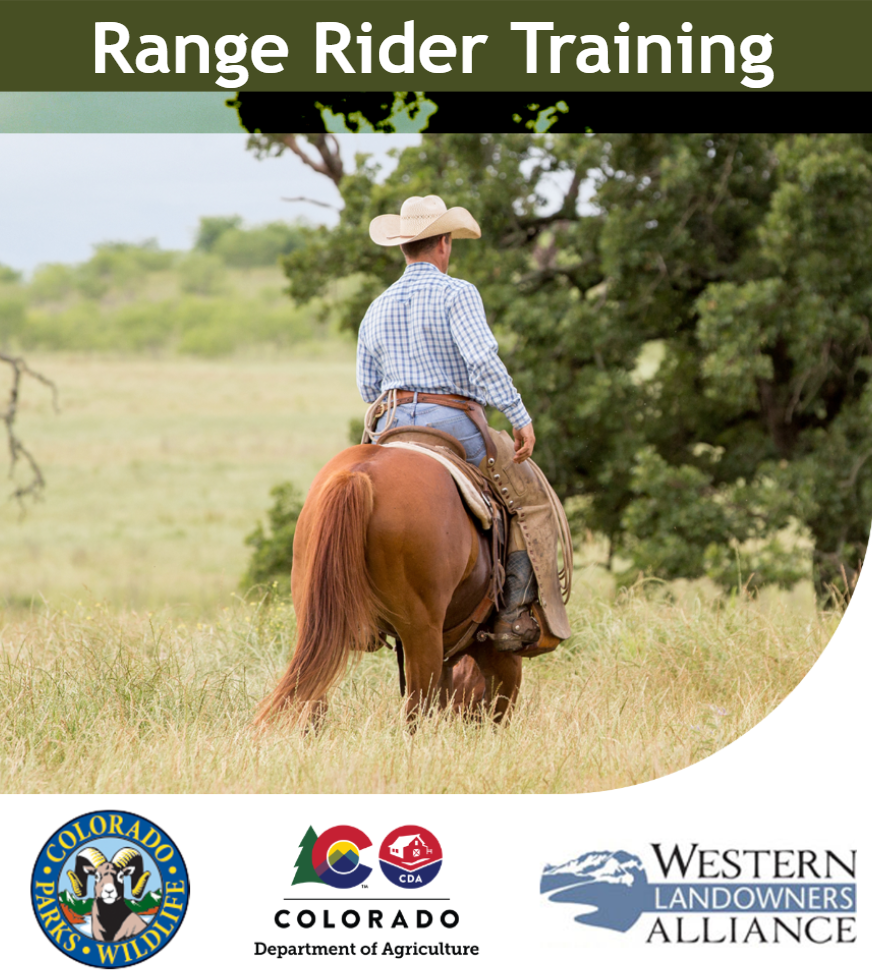 Man on horseback drives through a meadow towards a large tree with the words Range Rider Training and logos for Colorado Parks and Wildlife, Colorado Department of Agriculture and Western Landowners Alliance