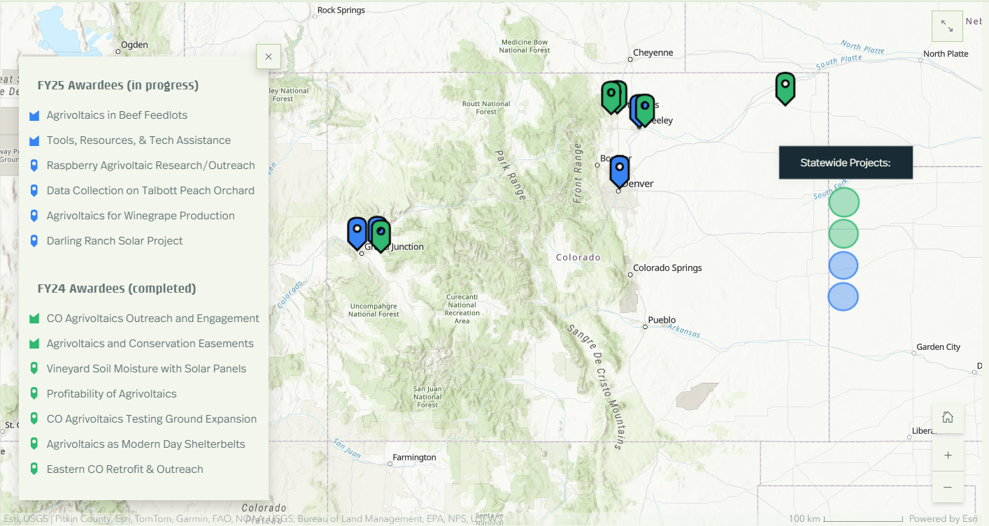 Map of awarded agrivoltaics projects. Please click on the link to view an accessible version of the map. 