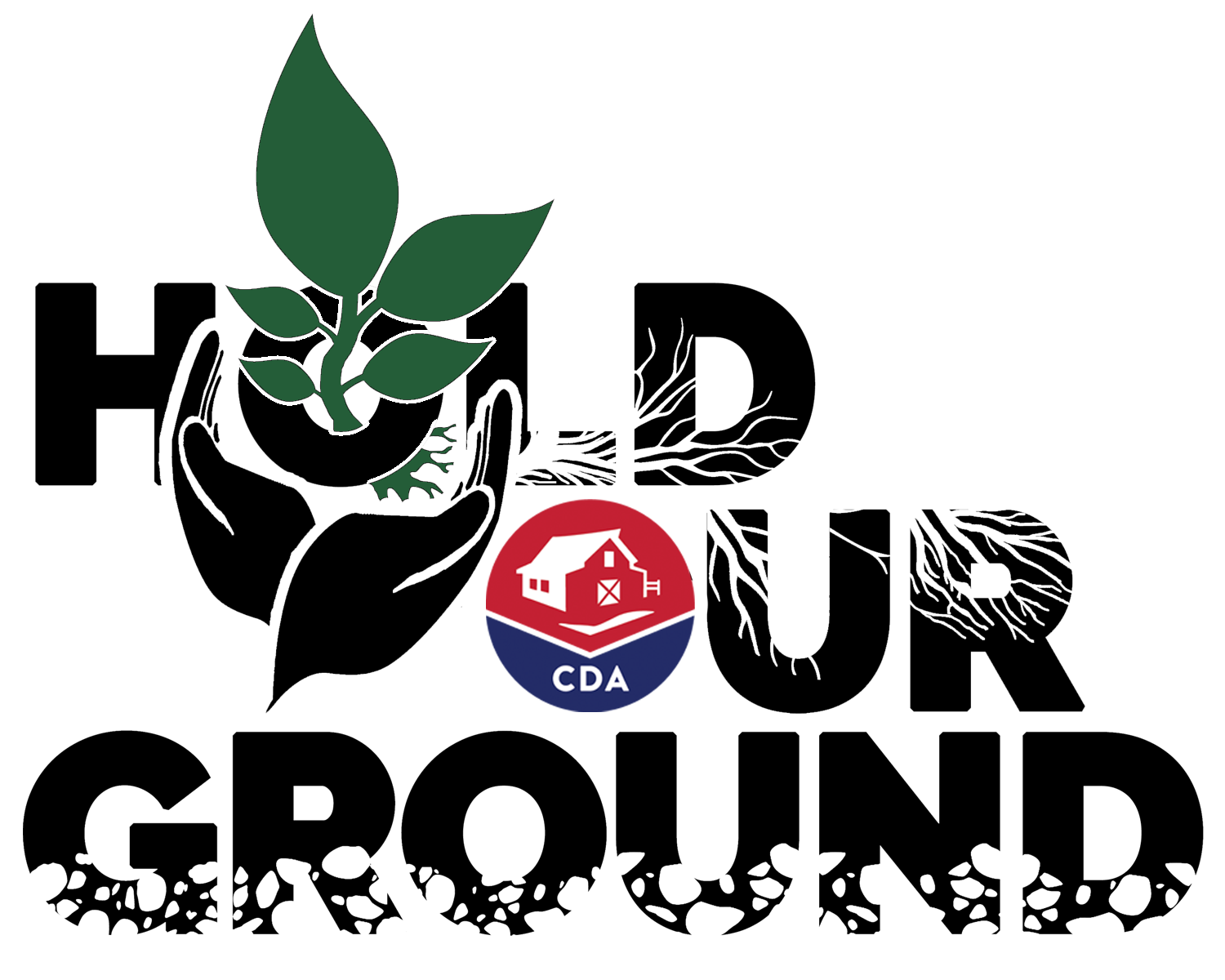 Hold Your Ground logo which features a pair of hands holding a sprouting plant and the CDA logo which features a red barn.