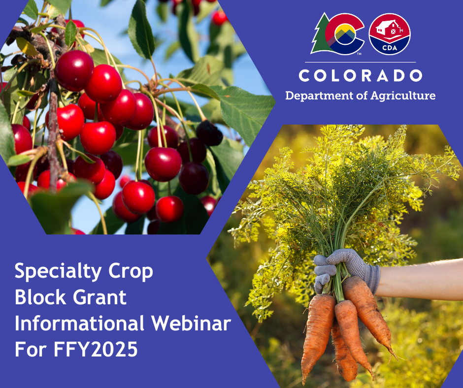 Closeup of cherries and a closeup of carrots with the words Specialty Crop Block Grant Informational Webinar for FFy2025