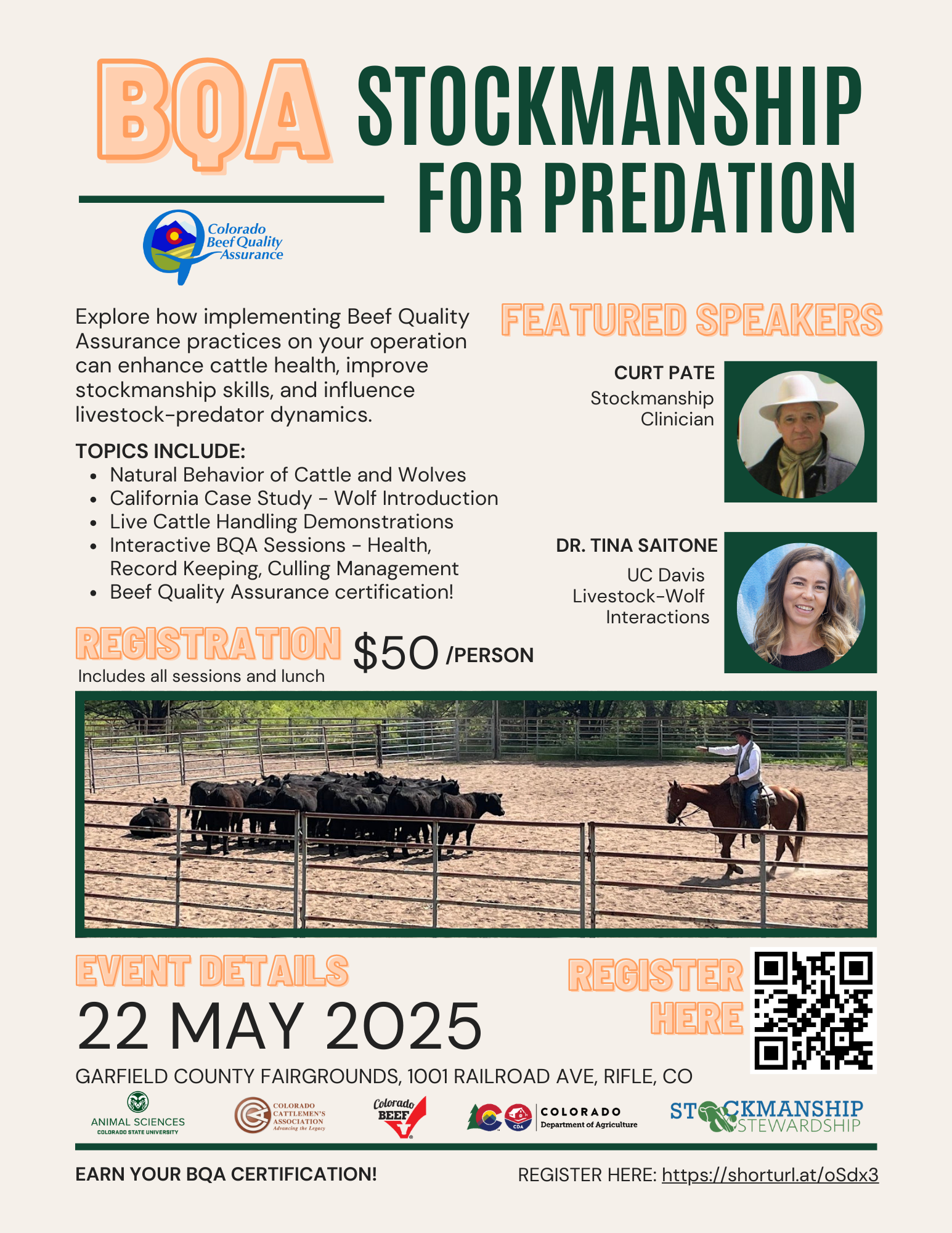 A flyer for the BQA Stockmanship for Predation seminar
