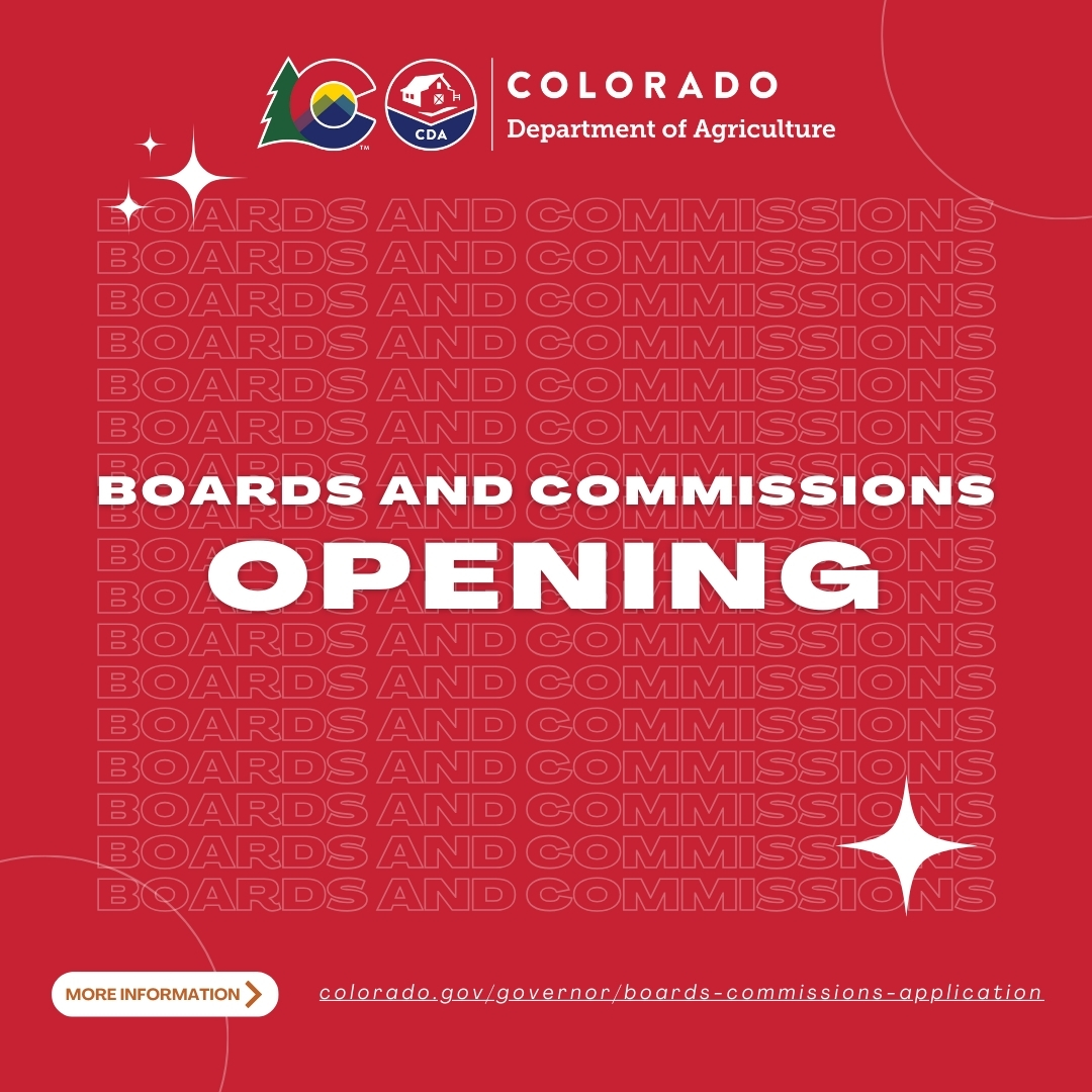 Red graphic for "Boards and Commissions Opening" by the Colorado Department of Agriculture