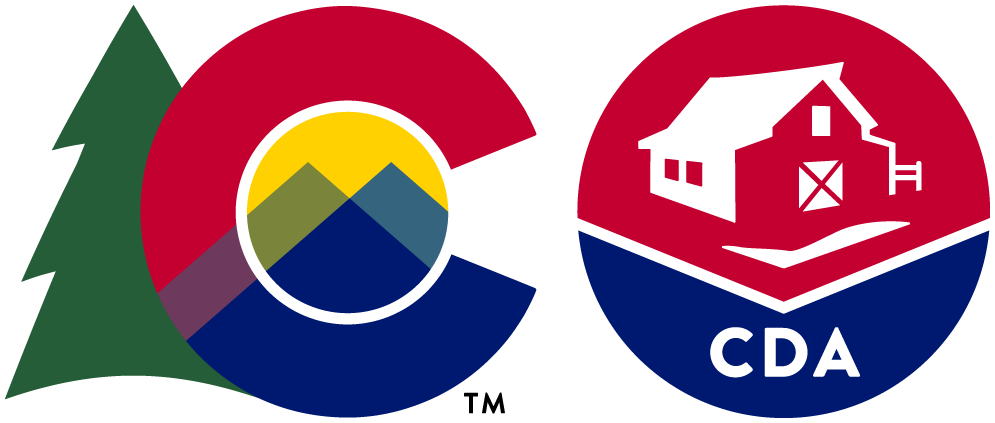 State of Colorado tree logo with the CDA red and blue farm house logo