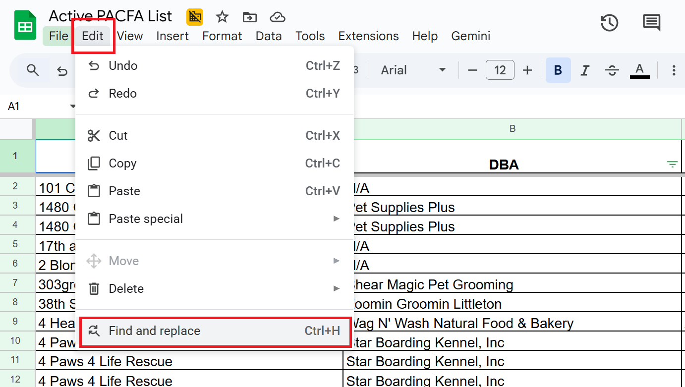 Spreadsheet showing Edit and Find and Replace