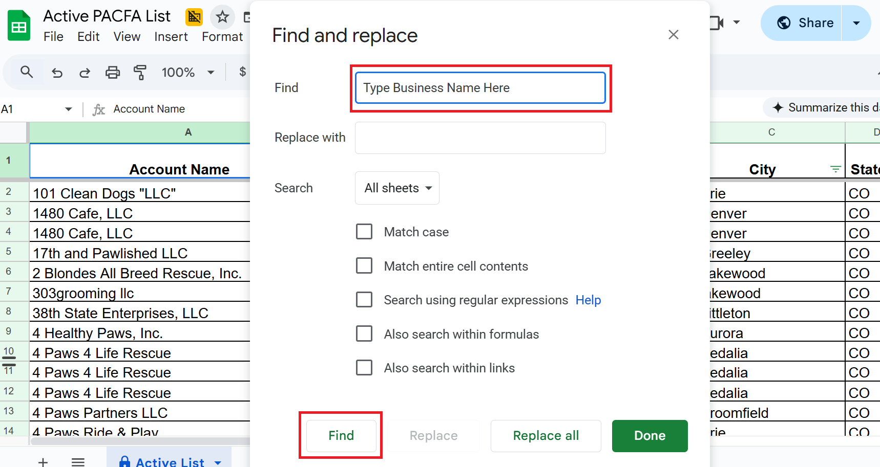 Spreadsheet showing search bar and find button
