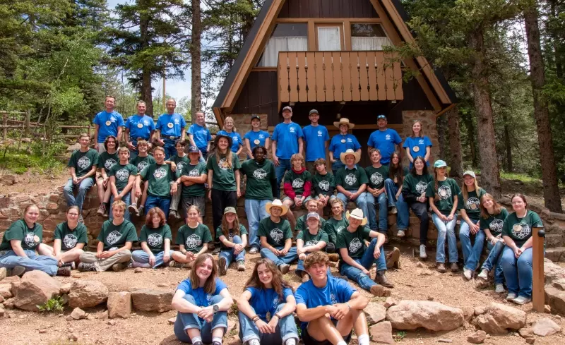 A group shot of more than 40 participants and staff of Camp Rocky 2023