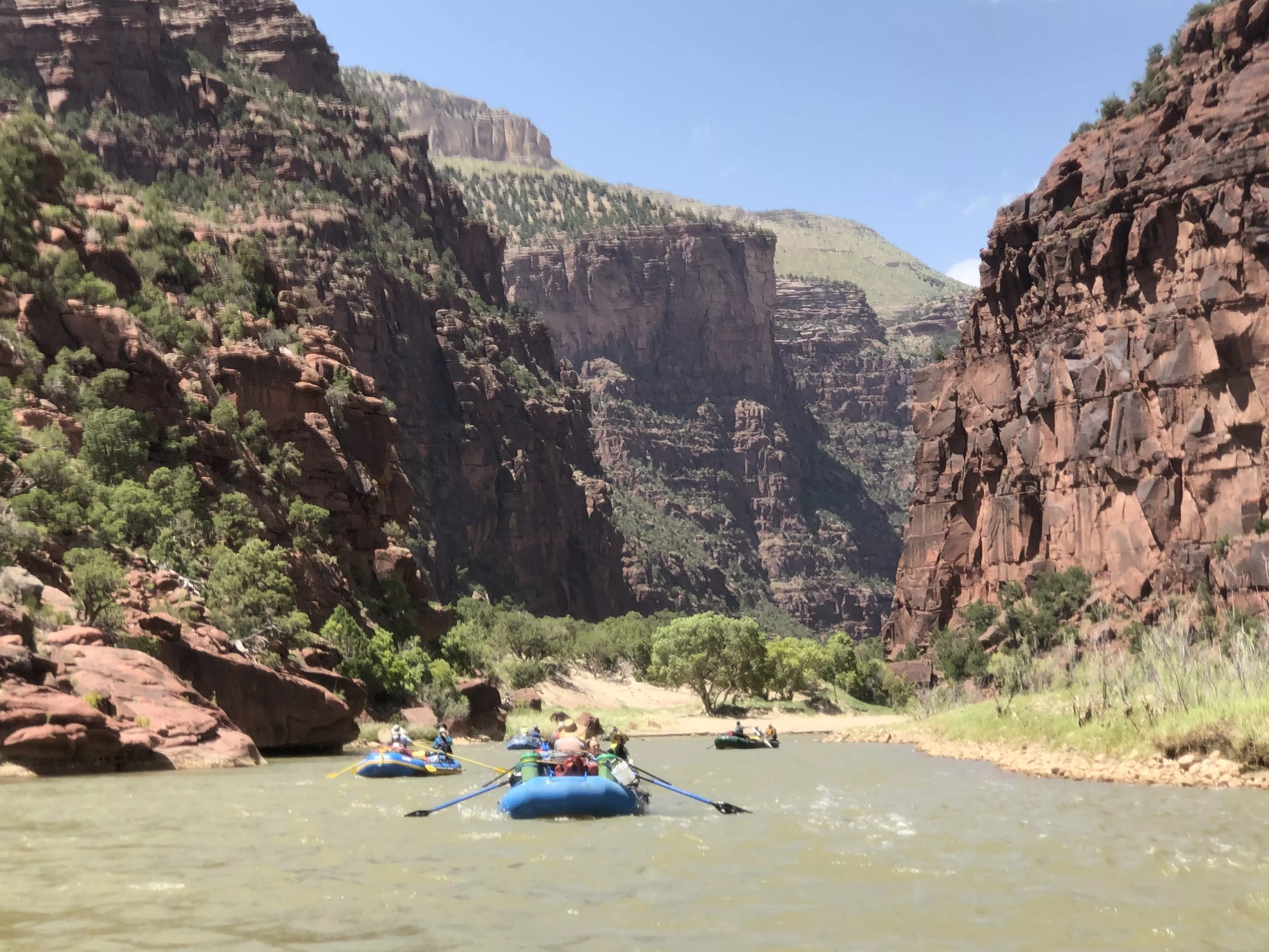 Three rafts of people are on the Green River with the canyon in the backdrop on both sides and down the river. 