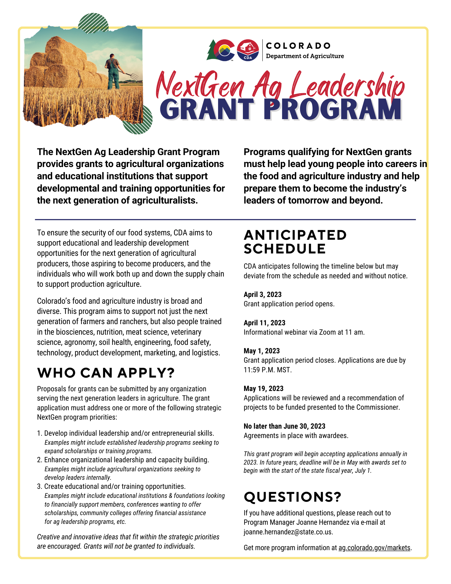2023 NextGen Ag Leadership Grant Program small graphic with program details and anticipated schedule.