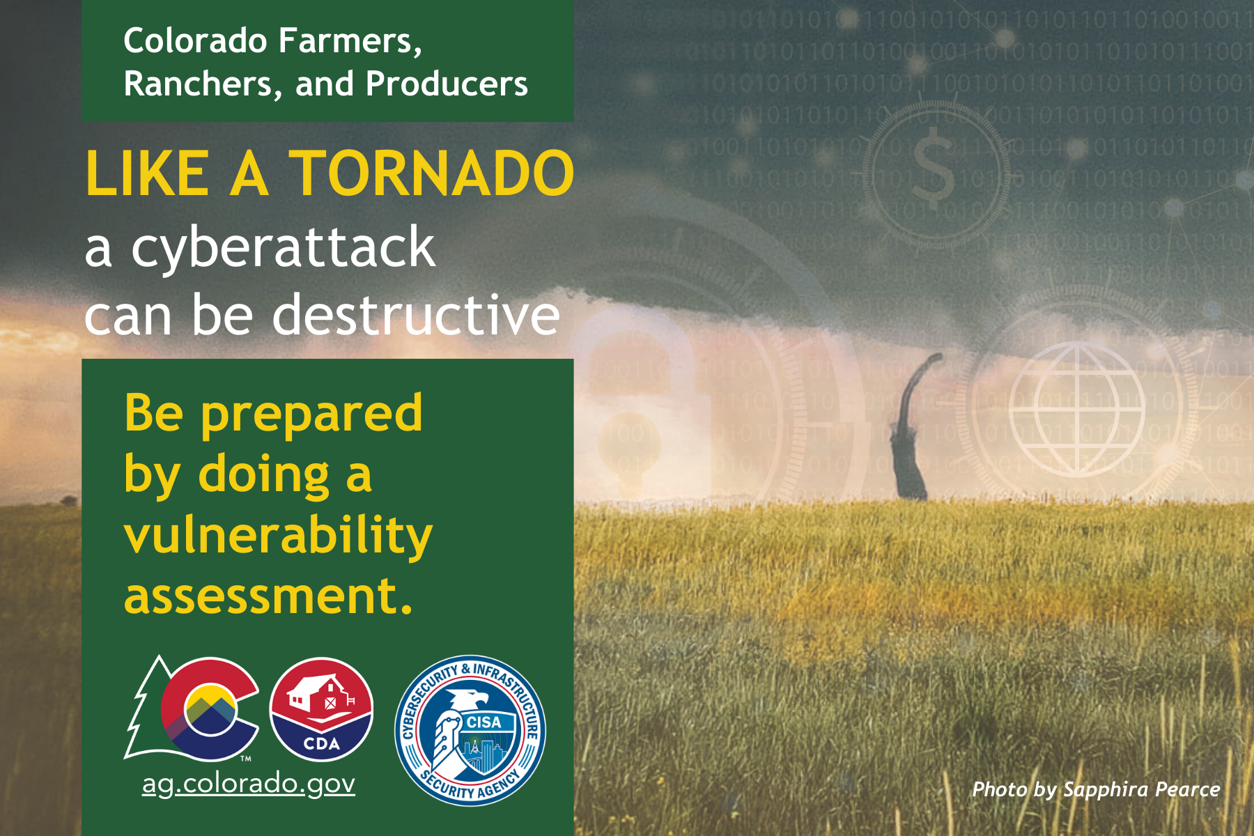 A tornado in the distance over a grassy field with cybersecurity icons overlayed