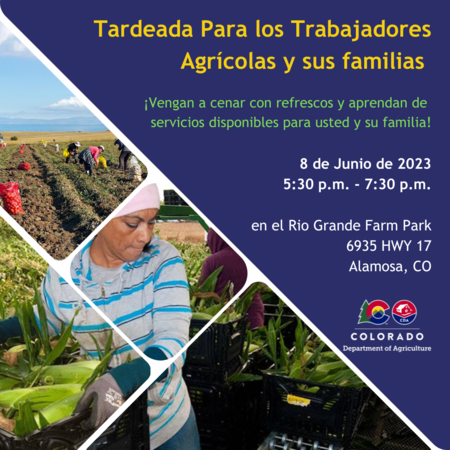 Graphic card describing event details in Spanish with images of agricultural workers in the fields. 