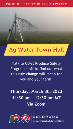 Ag Water Town Hall: Thursday March 20 2023; 11:30 am - 12:30 pm; image of a center pivot sprinkler at dawn