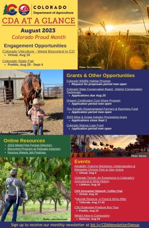 August edition of CDA At A Glance one-page newsletter listing statewide events, online resources, and engagement, grants & other opportunities, with relevant best-in-show photography. 