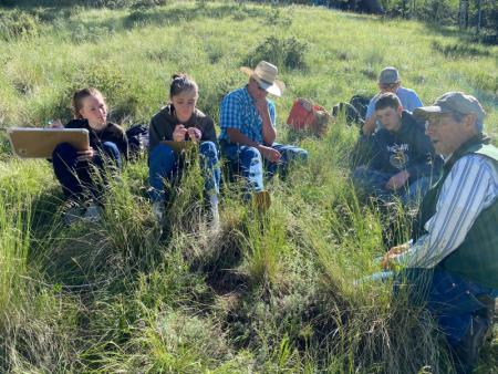 Students sitting in tall grass, learning about range management through range clipping at Camp Rocky 2023