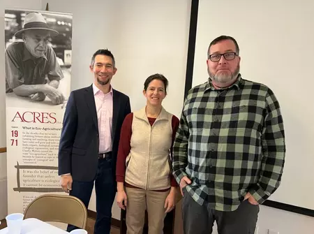 Nick Colglazier, Meagan Schipanski and Erik Wardle pose for a photo after a panel discussion on soil health at the 2nd regional Colorado STAR event in Rocky Ford, CO, on Feb. 24, 2023.
