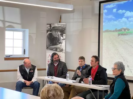 Erik Tucker, Phillip Chavez, Dereck White Heckman and Riley May speak on a local producers panel, moderated by Lydia Lazar of Acres U.S.A.