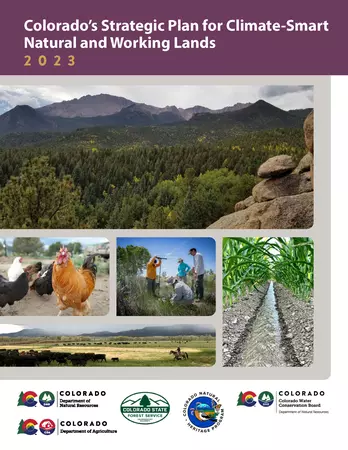 Colorado’s Strategic Plan for Climate-Smart Natural and Working Lands 2023; a panorama of a Colorado mountain range with forest in the foreground, smaller images of chickens on a farm, farmers inspecting soil, rows of corn separated by a stream of water and a panorama of cows on the range followed by a cowboy and their dog