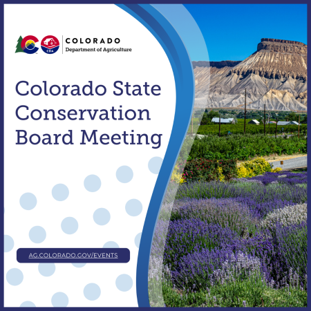 Colorado State Conservation Board meeting, image of Mount Garfield in the Grand Valley in the background with lavender fields in the foreground