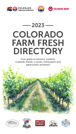 Cover of the 2023 Colorado Farm Fresh Directory with a watercolor illustration of an orchard row disappearing into a point on the horizon