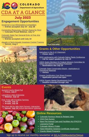 Newsletter graphic highlighting engagement opportunities, grants, events, and other online resources in the state's agriculture for the month of July.