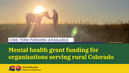 Silhouette image of a man in cowboy hat gently petting a horse at sunset. Text: Mental health grant funding for organizations serving rural Colorado