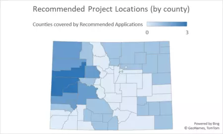 Map of Colorado with counties shaded based on project locations