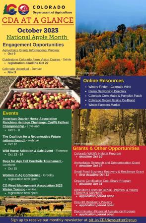 Newsletter with four ag-related seasonal images listing all events, grants and engagement opportunities, and online resources for the month.